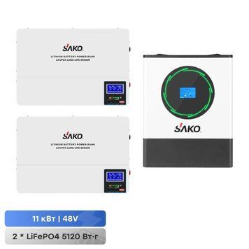 Комплект гібридний інвертор 11kW SUNPOLO-11K 48V+150A MPPT S та акумулятор 51.2В 5120Втг Sako SK-51.2V100Ah Li-Wall
