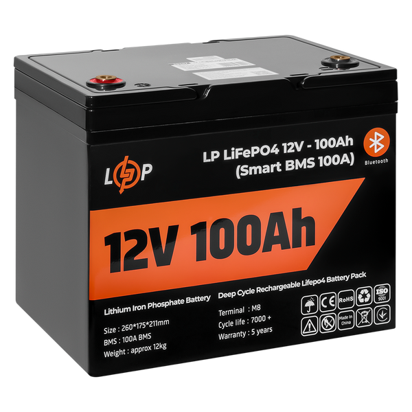 Аккумулятор LP LiFePO4 12V (12,8V) - 100 Ah (1280Wh) (Smart BMS 100А) с BT пластик