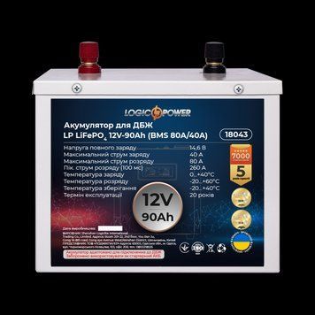 Акумулятор LP LiFePO4 для ДБЖ 12V - 90 Ah (BMS 80A/40A) металл