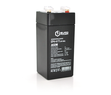 Акумуляторна батарея EUROPOWER AGM EP4-4F1 4 V 4 Ah ( 47 x 47 x 100 (105)) Black Q30/2160