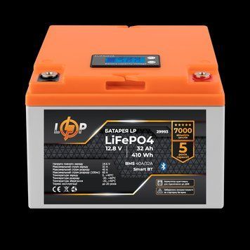 Акумулятор LP LiFePO4 12,8V &mdash; 32 Ah (410Wh) (BMS 40А/32A) пластик LCD Smart BT