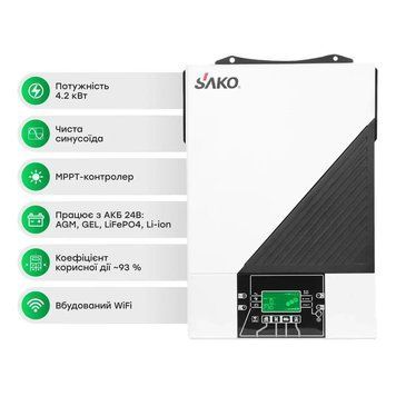 Комплект резервного живлення: автономний інвертор 4.2kW Sako SUNON IV 24V +120A MPPT та 2 акумуляторні батареї