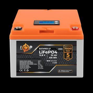 Акумулятор LP LiFePO4 12,8V &mdash; 32 Ah (410Wh) (BMS 50А/25A) пластик LCD